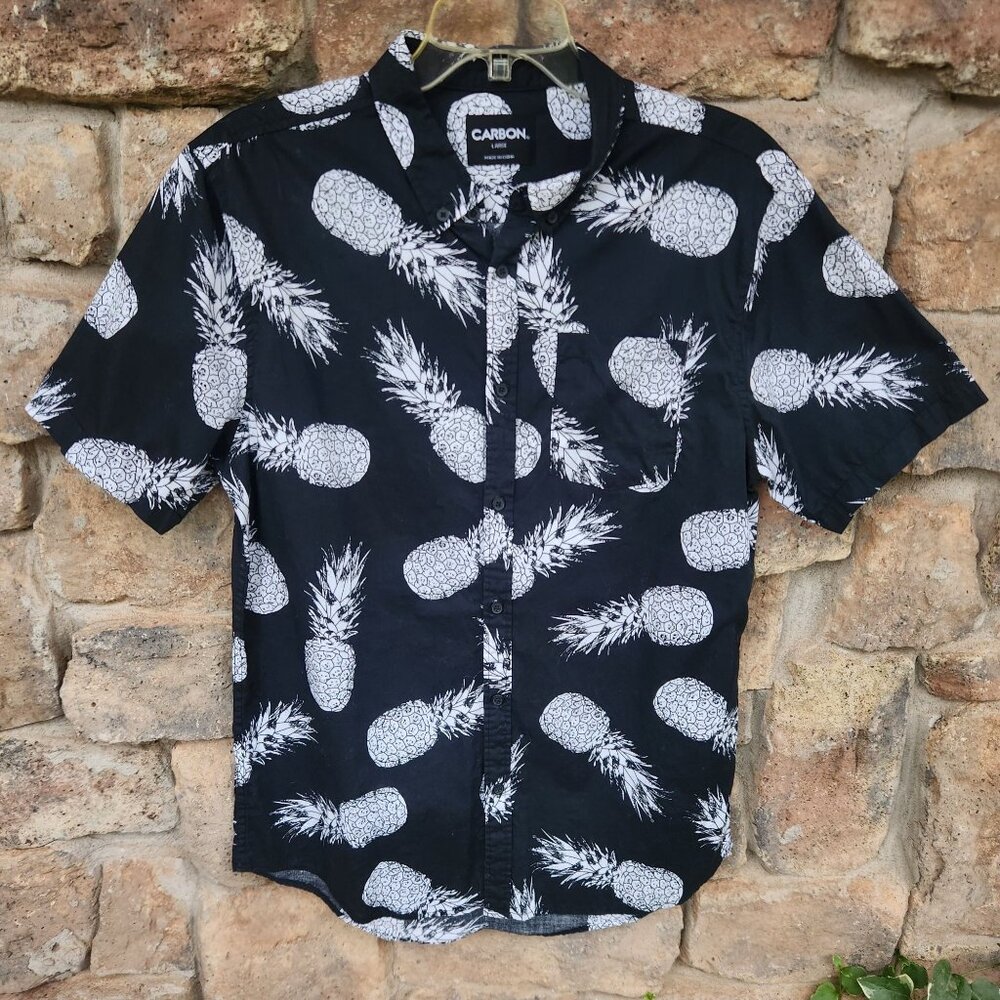 Button Front Short Sleeve Pineapple Print Casual Shirt Size Large